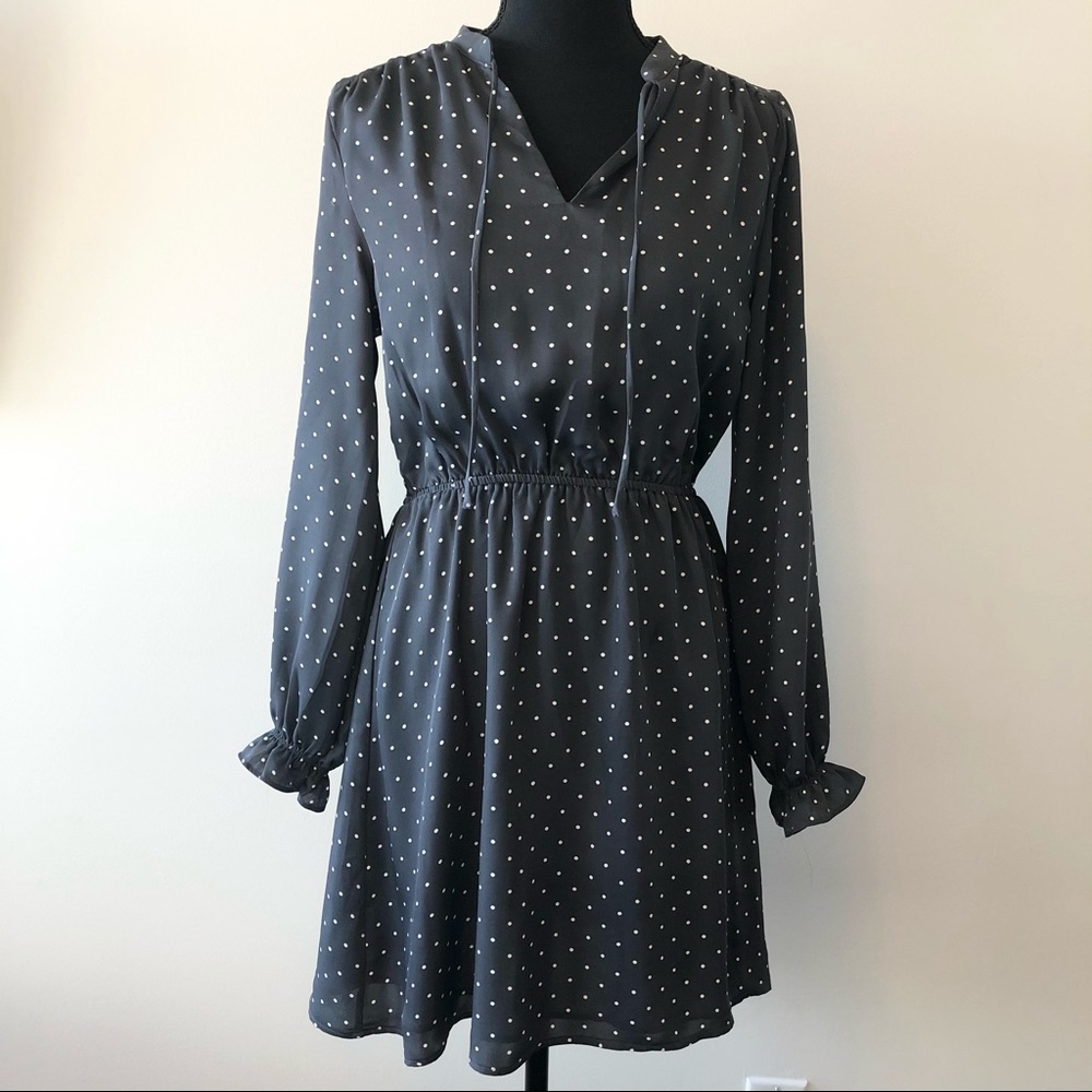Dark grey long-sleeve polka dot dress